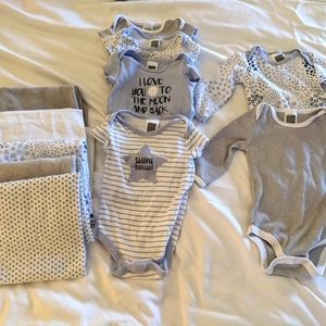 Blue, Grey and White Layette Set-Onesies, Blankets